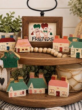 Hand Painted Wooden Village Set Farmhouse Decor Cottage Primitive Rustic